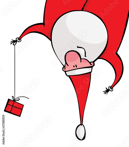 Santa with a gift hanging upside down