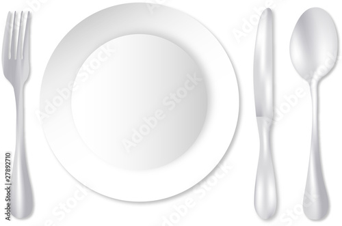 Empty plate, knife, spoon, fork