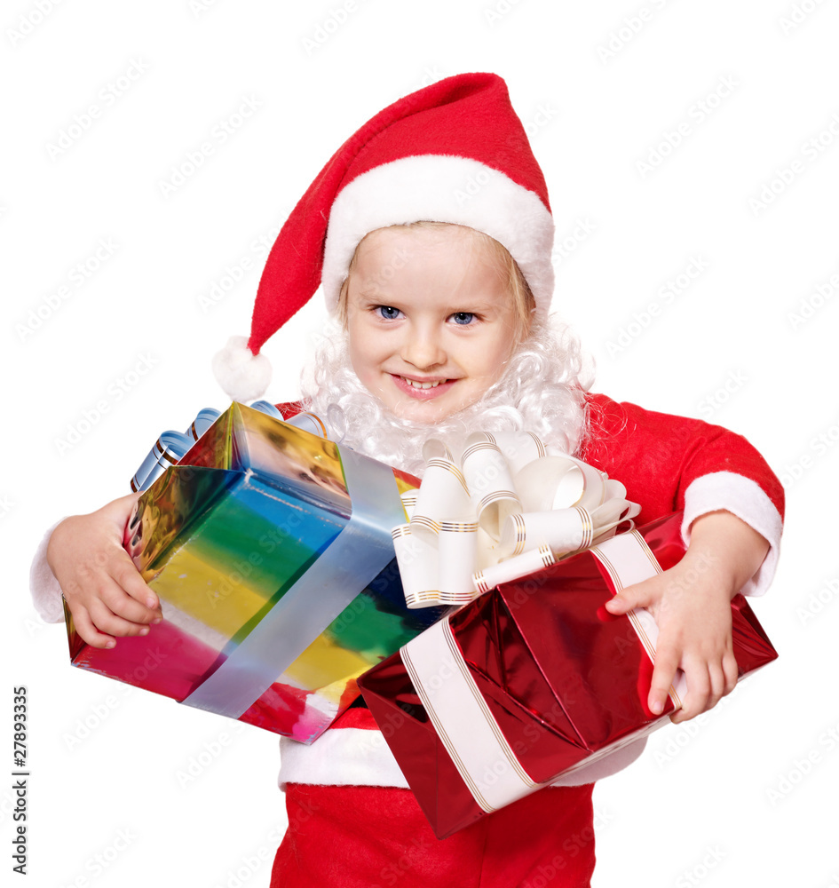 Child in santa costume holding group gift box. Child in santa costume holding group gift box.
