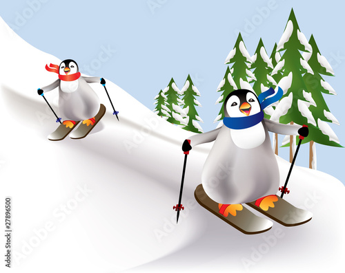 Colorful penguins skiing down a tree lined slope