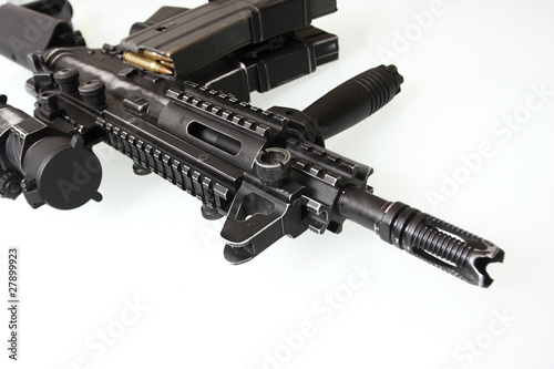 Heavily used military M16 rifle with short barrel