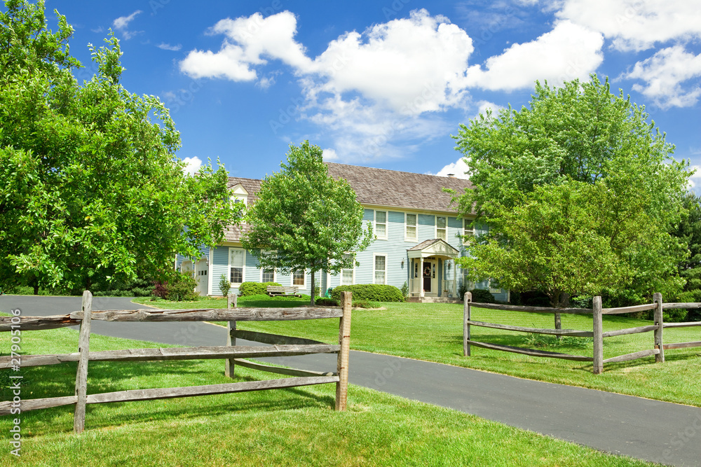 Suburban USA Single Family Home Lawn Fence Colonial Georgian