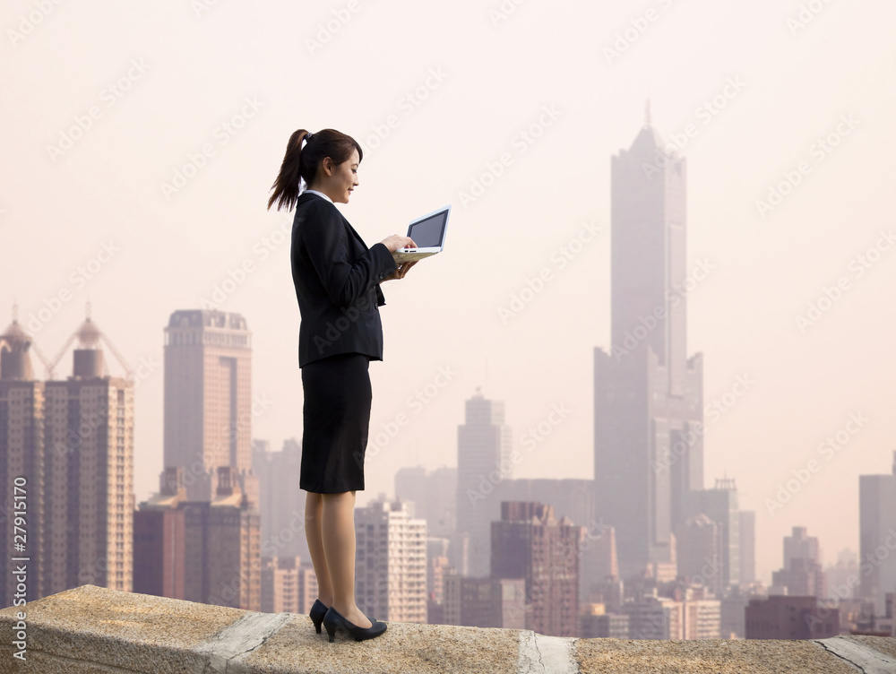 Businesswoman using computer and wireless access Businesswoman using computer and wireless access