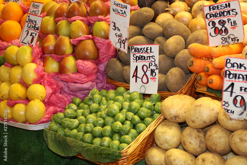 A British Market Display of Fresh Fruit and Vegetables.