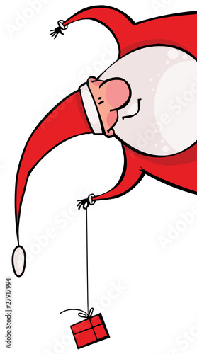Santa with a gift hanging upside down