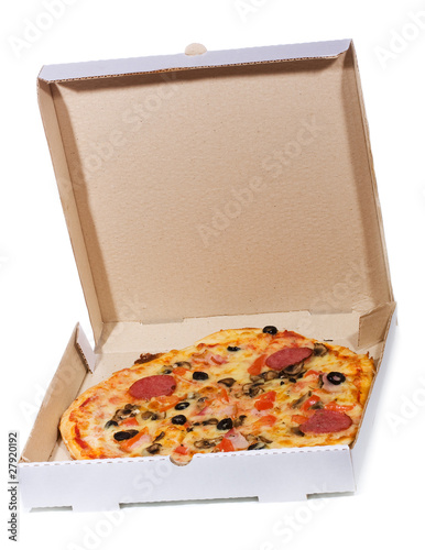 pizza in open paper box