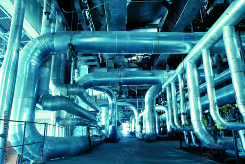 Industrial zone, Steel pipelines in blue tones