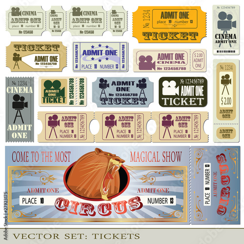Vector set: tickets admit one in different styles.