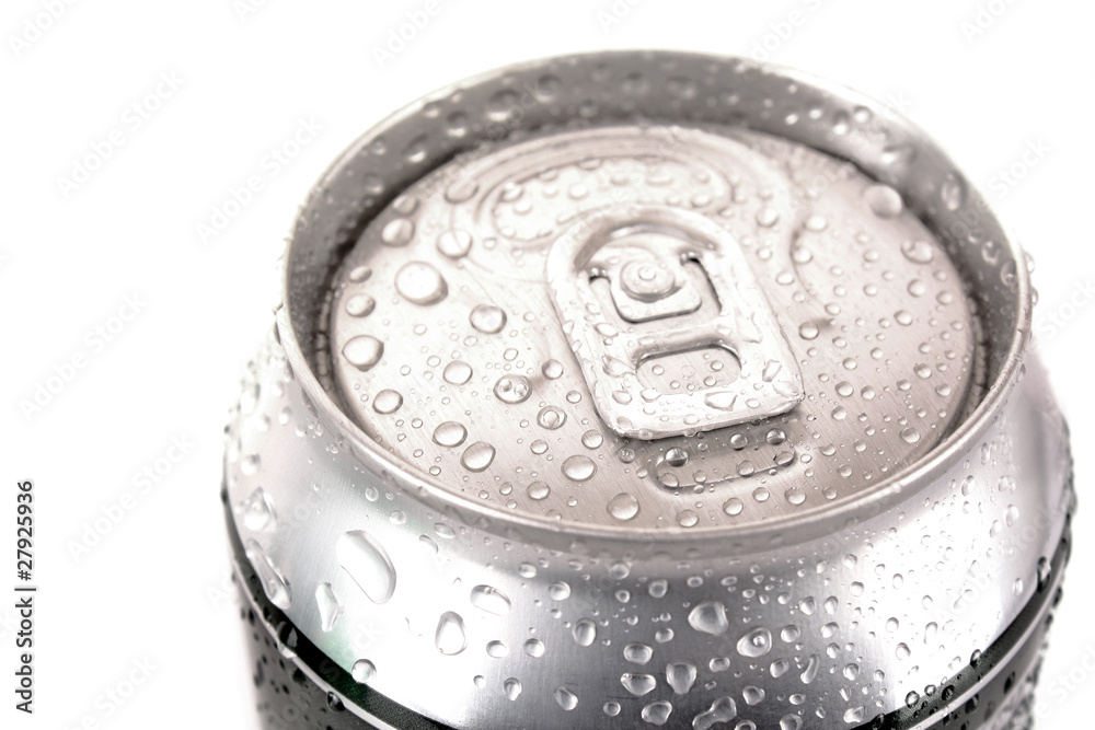 Closeup of metallic beer with water drops isolated on white Closeup of metallic beer with water drops isolated on white