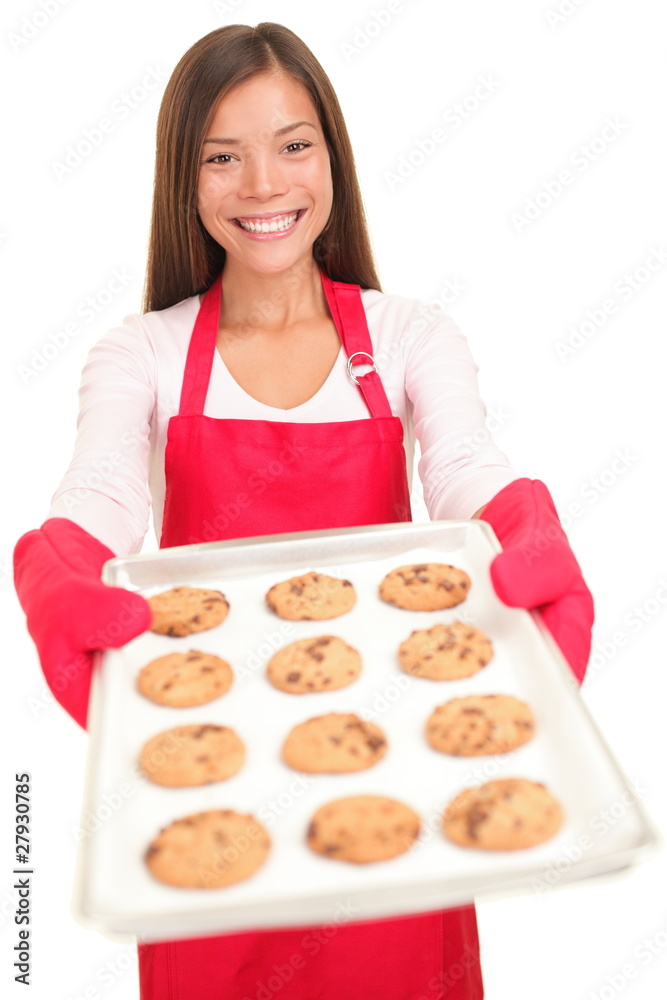 Woman baking cookies isolated