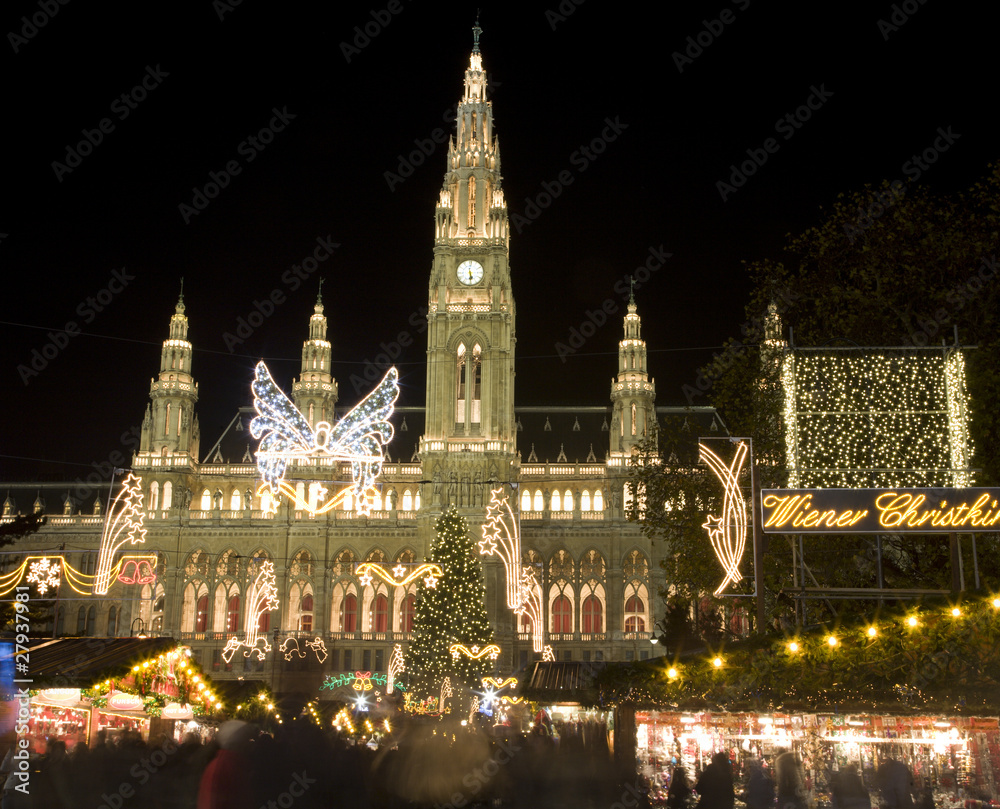 Vienna - tower of town-hall and christmas decoration
