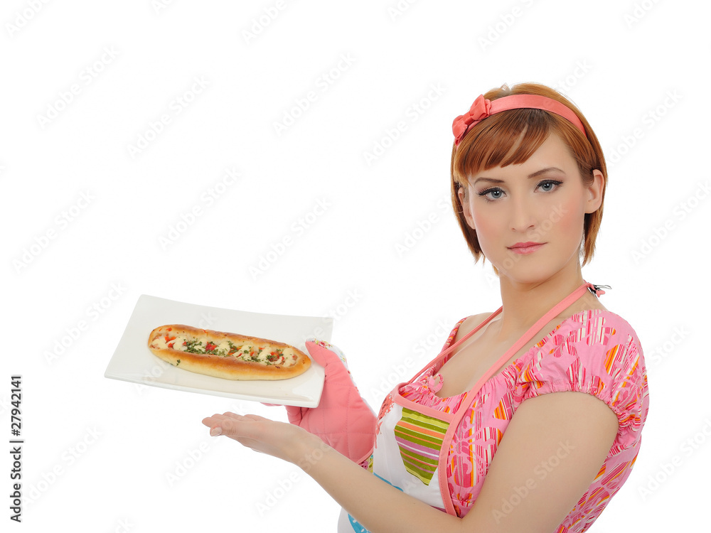 Beautiful cooking woman in apron with italian sandwich. isolate Beautiful cooking woman in apron with italian sandwich. isolate