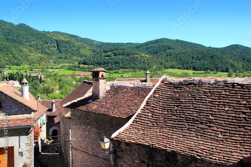 Hecho Valley Pyrenees village roof and mountain