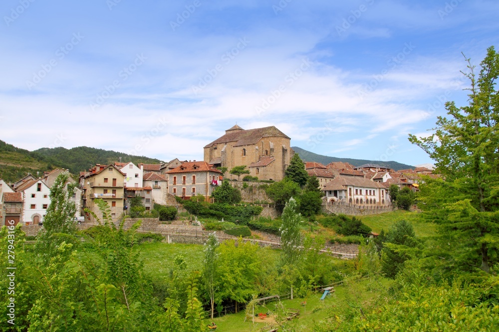 Hecho village Pyrenees with Romanesque church