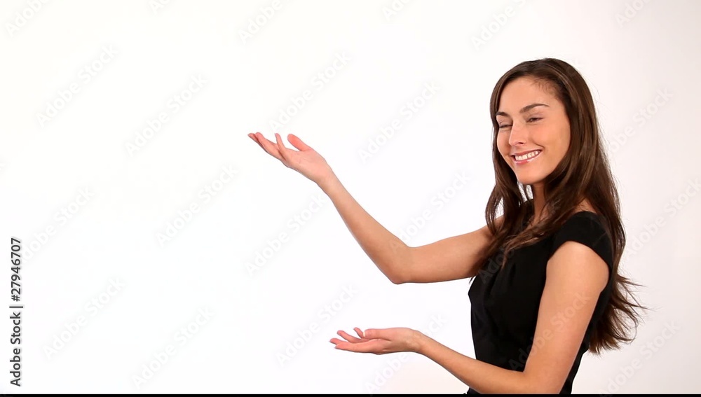 Beautiful woman presenting special announcement