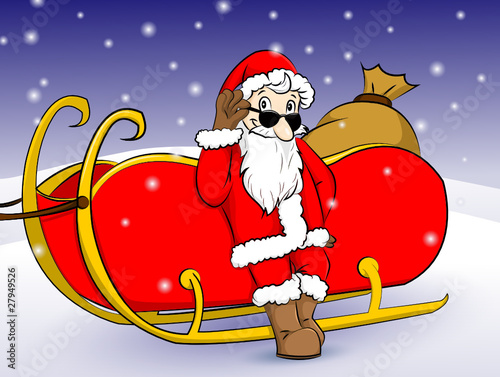 Weihnachtsmann an seinem Schlitten angelehnt