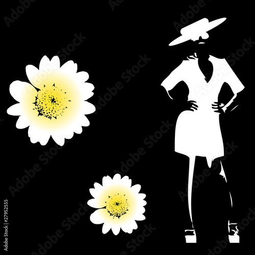 White silhouette of the girl with camomiles
