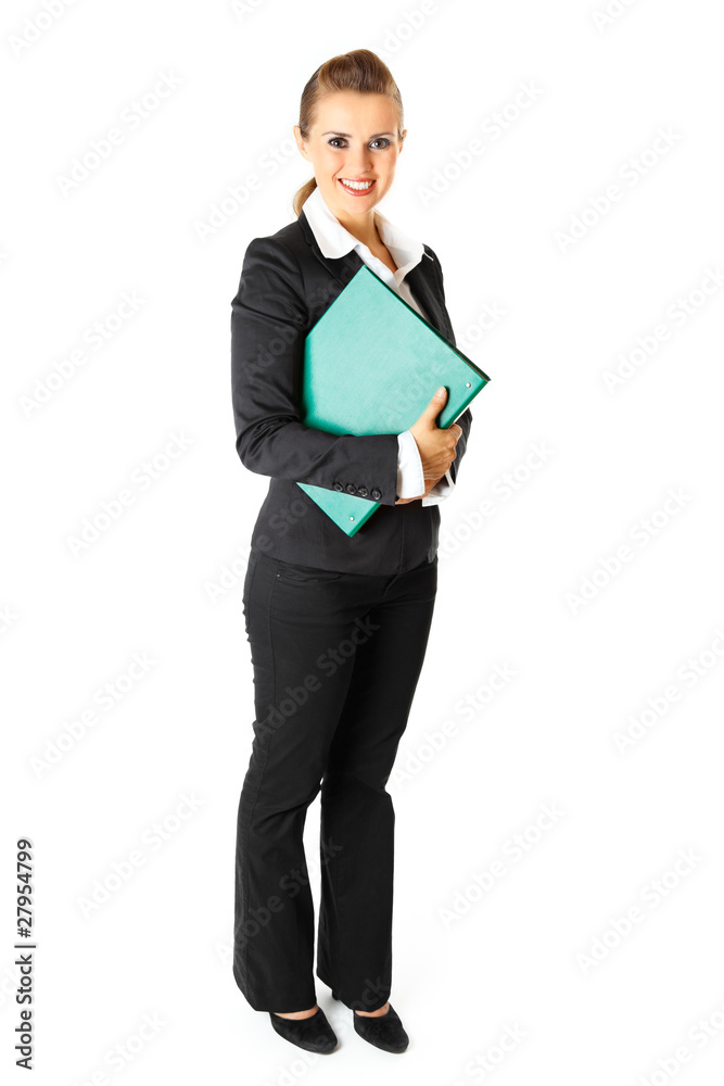 Smiling business woman holding folders with documents in hands. Smiling business woman holding folders with documents in hands.