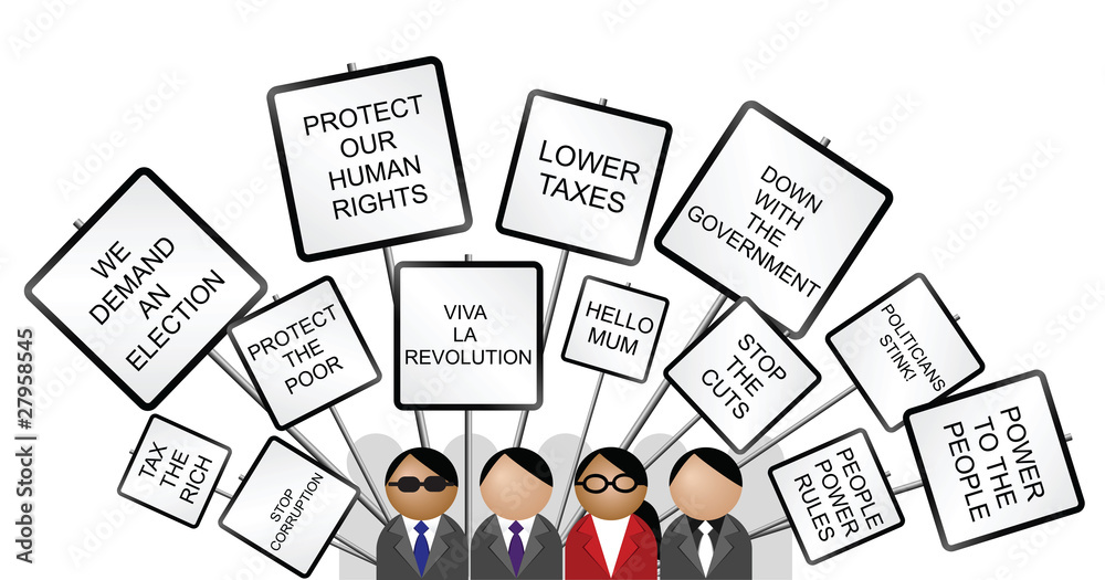Crowd protesting with placards against the government Crowd protesting with placards against the government