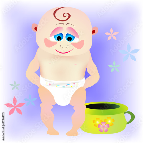 Smiling baby with wet napkin and green chamber-pot