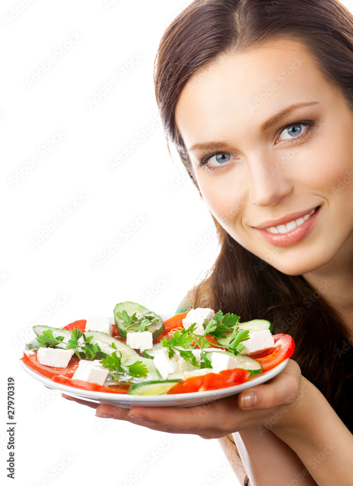 Portrait of happy smiling woman with plate of salad, isolated Portrait of happy smiling woman with plate of salad, isolated