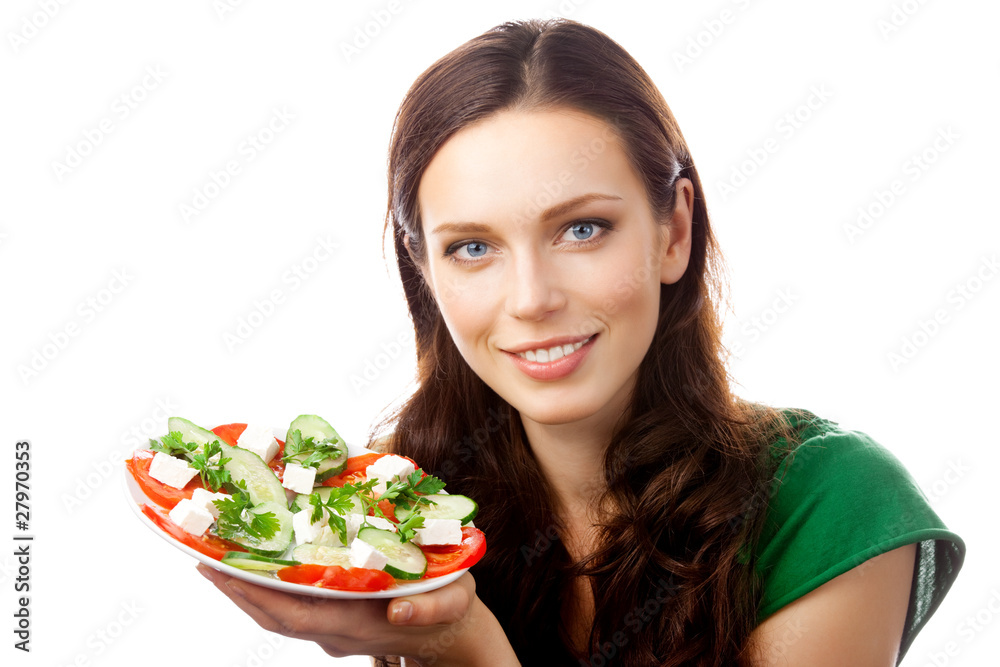 Portrait of happy smiling woman with plate of salad, isolated Portrait of happy smiling woman with plate of salad, isolated