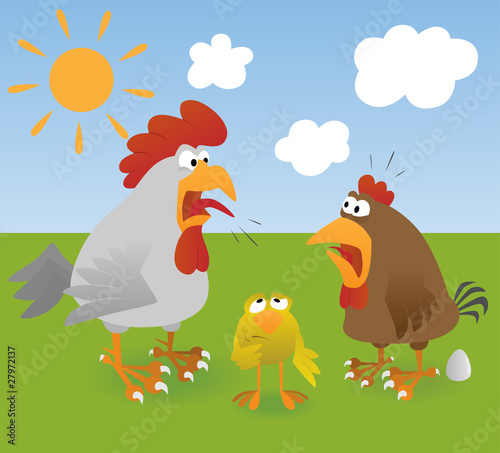 Rooster, hen, chicken and egg