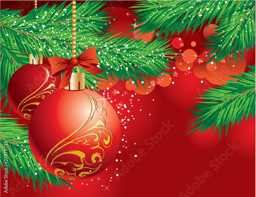 Christmas background with red ball and Christmas tree branch