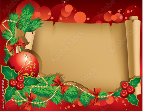 Christmas greetings with red ball and Christmas tree branch