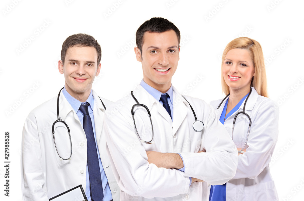 Happy medical team of doctors, men and woman Happy medical team of doctors, men and woman