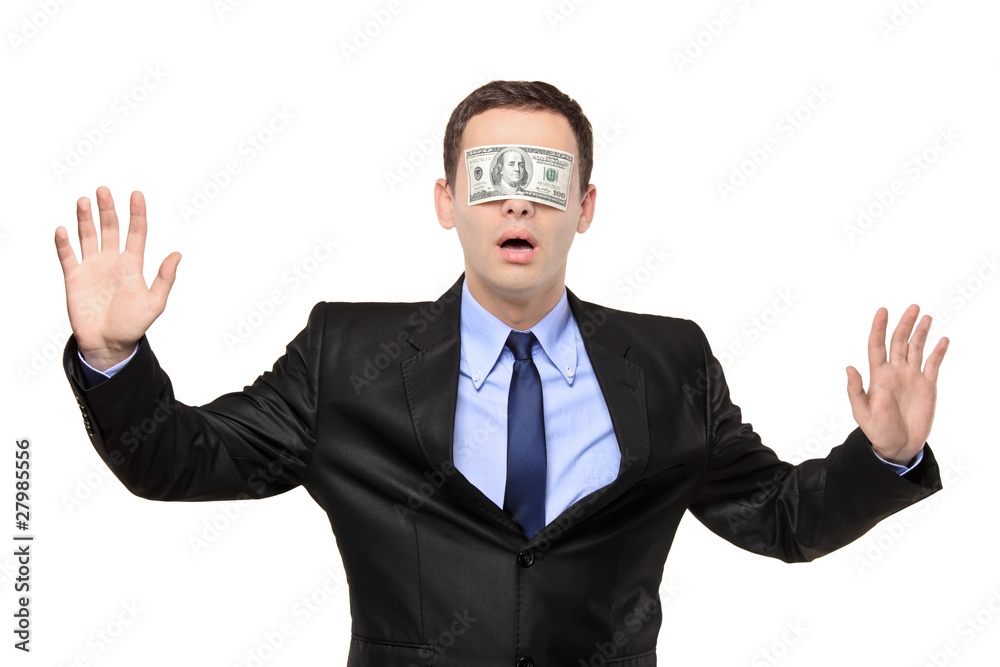 Confused blindfold businessman with a 100 dollar banknote Confused blindfold businessman with a 100 dollar banknote