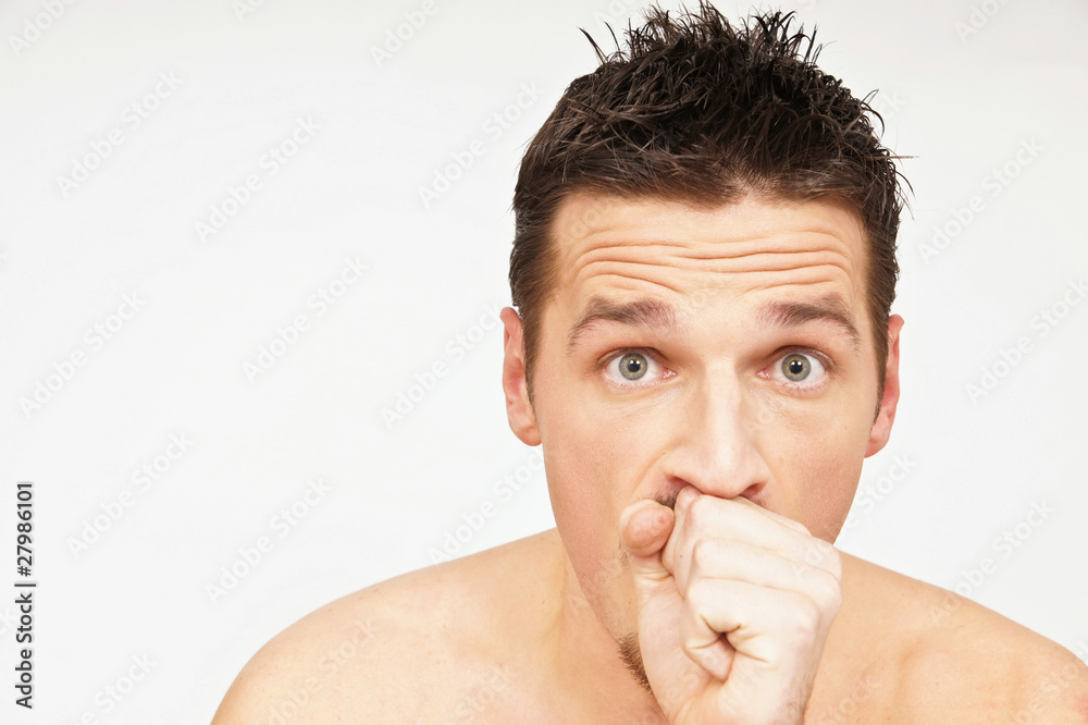 Young man has a cough. You can write text on left side. Young man has a cough. You can write text on left side.