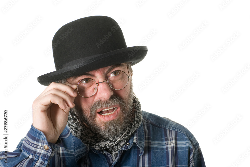 Curious man with a beard and a bowler hat. Curious man with a beard and a bowler hat.
