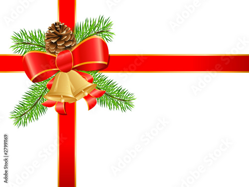 Geschenkschleife mit Weihnachtsglocken und Tannenzweigen