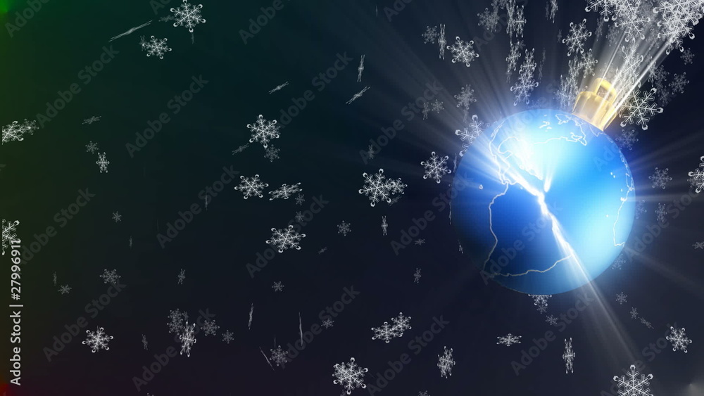 christmas ball globe rotation and falling snowflakes loop