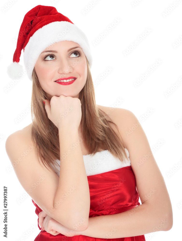 Picture of pretty christmas girl in red dress and santa hat Picture of pretty christmas girl in red dress and santa hat