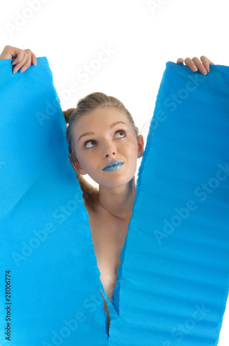 Young woman with blue sheet of paper photo