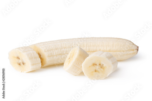 Freshly sliced bananas on a white background