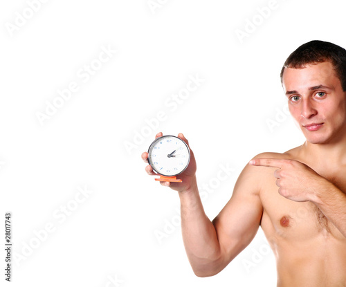 handsome guy shirtless with clock