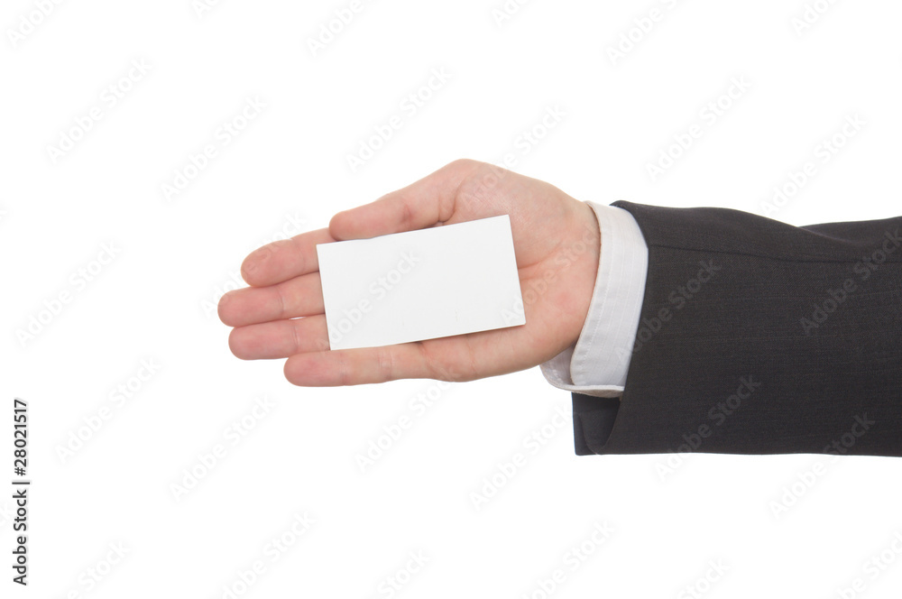 Business man handing a blank business card over white Business man handing a blank business card over white