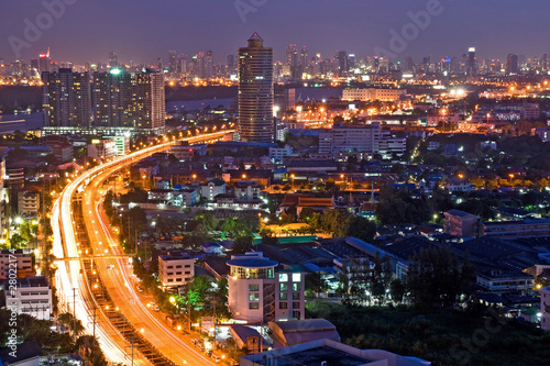 Bangkok Freeway to City Top View at dusk in bangkok, Thailand