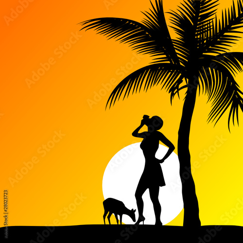 thirsty girl and a small deer illustration
