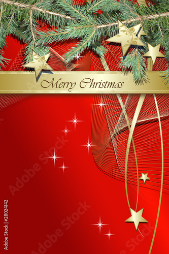 Red Christmas background with stars and fir