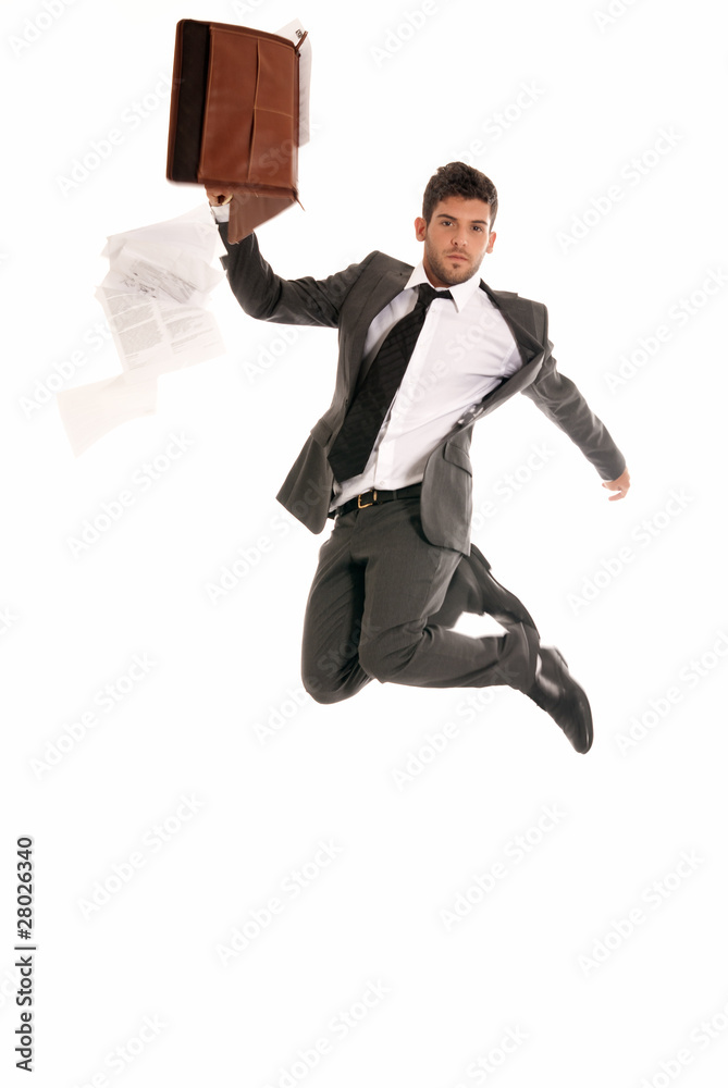 Young businessman jump open briefcase falling papers copy-space