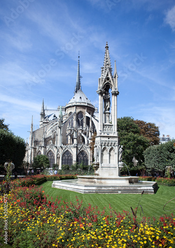 Kind on flowers and a cathedral of the Parisian mother of god
