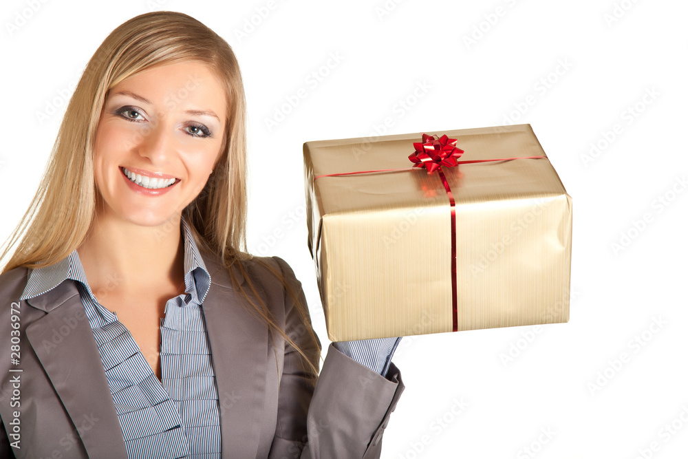 Blond caucasian woman in formal dress with gift boxes isolated