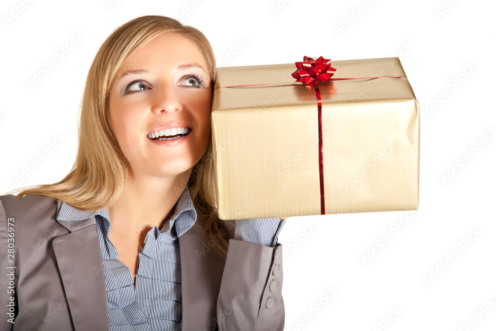 Blond caucasian woman in formal dress with gift boxes isolated Blond caucasian woman in formal dress with gift boxes isolated