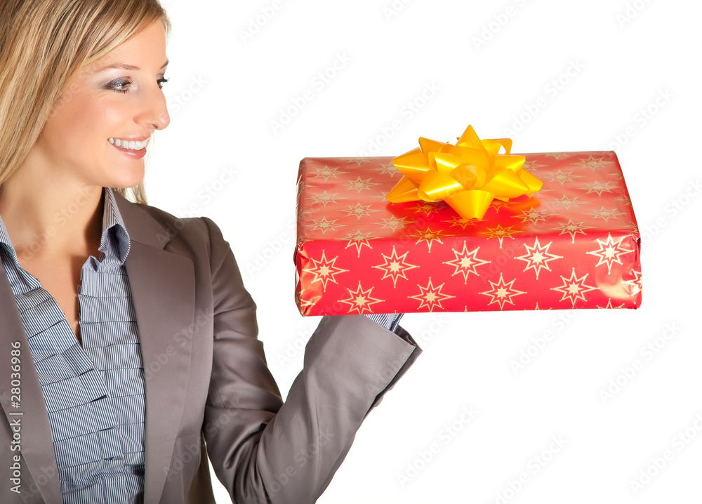 Blond caucasian woman in formal dress with gift boxes isolated Blond caucasian woman in formal dress with gift boxes isolated