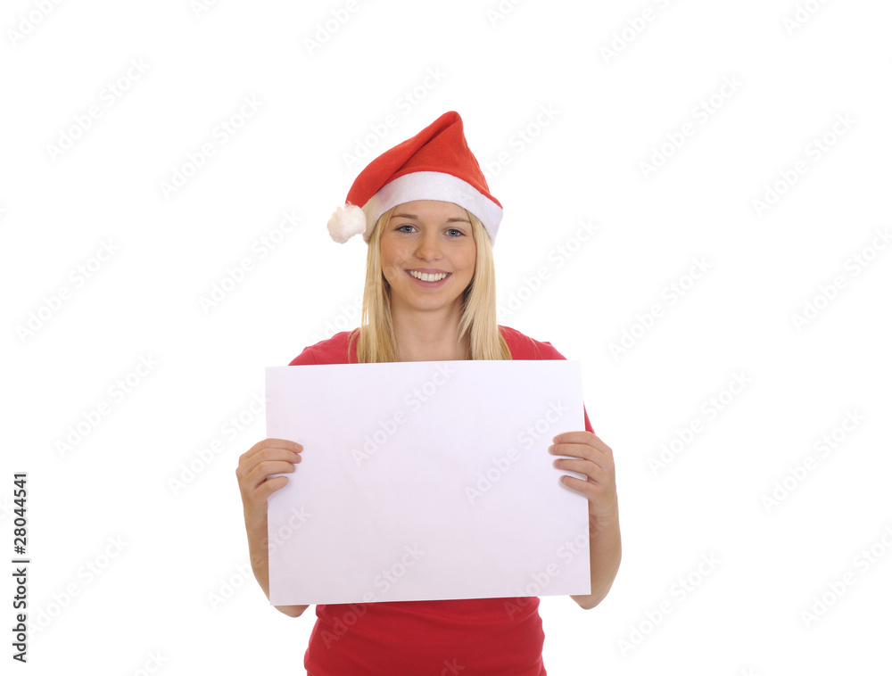 Weihnachtsfrau mit weißem Plakat