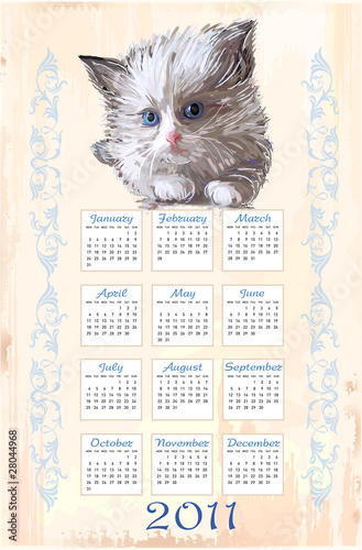 Fototapeta Naklejka Na Ścianę i Meble -  hand drawn calendar 2011 with fluffy kitten